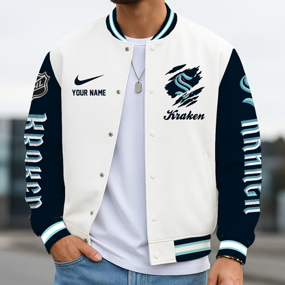 LIMITED EDITION - NEW CUSTOMIZED NHL20 STK SEATTLE KRAKEN BASEBALL JACKET, SATIN VARSITY JACKET