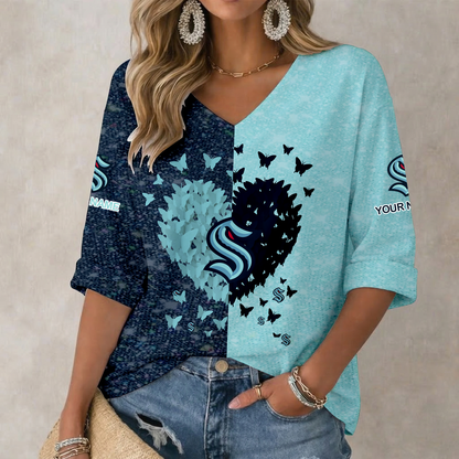 LIMITED EDITION - NEW CUSTOMIZED NHL20 STK SEATTLE KRAKEN WOMEN'S HEART V-NECK LONG SLEEVE SHIRT