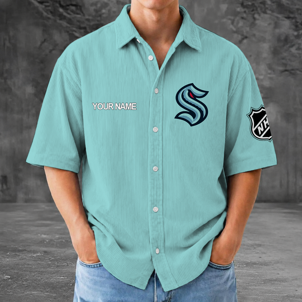 [SUPER SALE] NEW CUSTOMIZED NHL20 STK SEATTLE KRAKEN SEERSUCKER BUTTON SHIRT