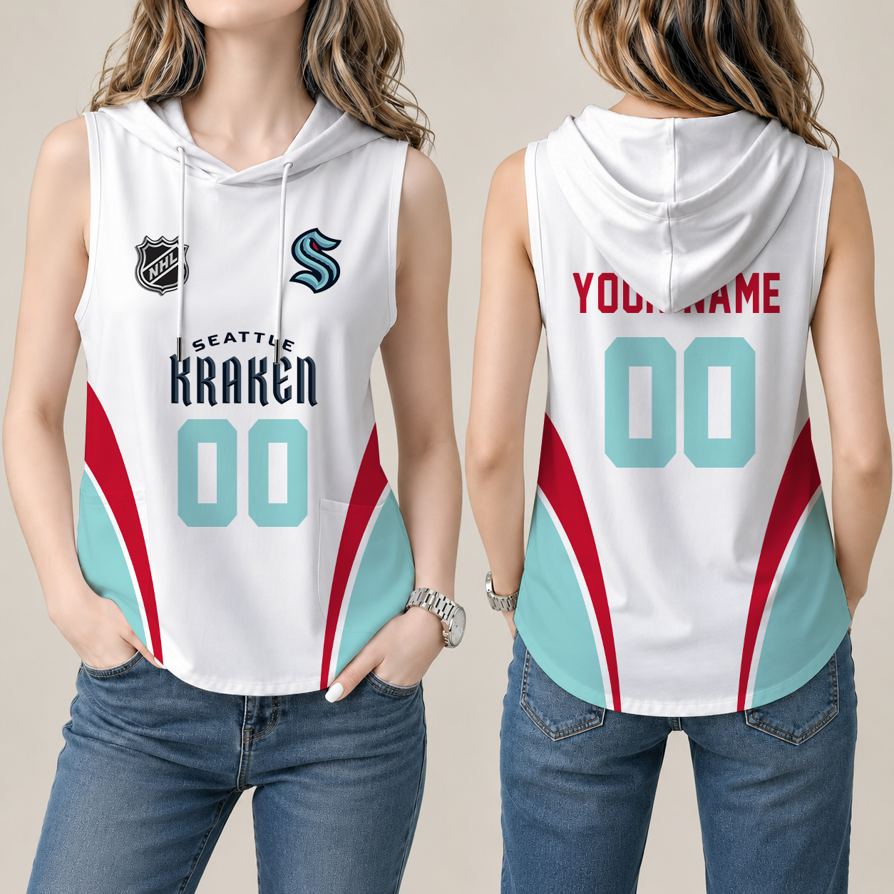 [SUPER SALE] NEW CUSTOMIZED NHL20 STK SEATTLE KRAKEN WOMEN'S SLEEVELESS HOODED POCKET TANK TOP