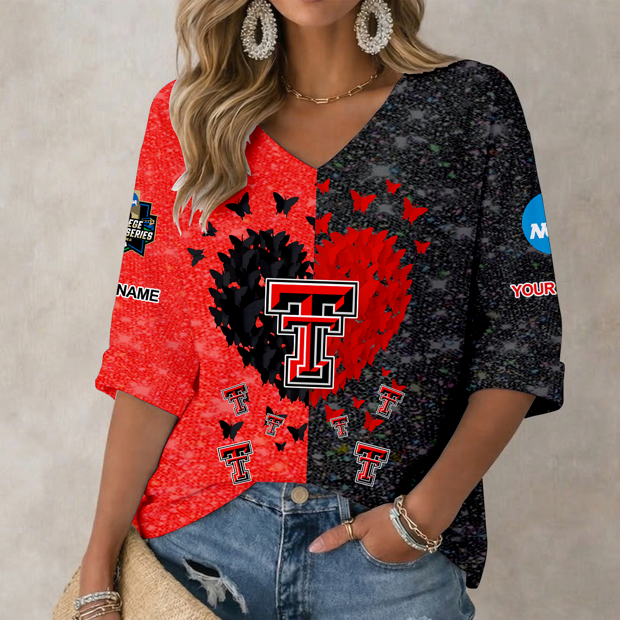 LIMITED EDITION - NEW CUSTOMIZED NCAA CWS20 TRR TEXAS TECH RED RAIDERS WOMEN'S HEART V-NECK LONG SLEEVE SHIRT