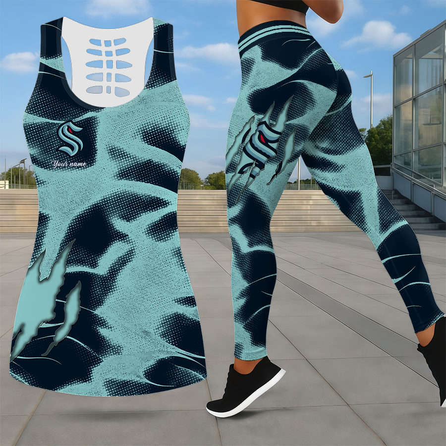 LIMITED EDITION - NEW CUSTOMIZED NHL20 STK SEATTLE KRAKEN LEGGINGS & HOLLOW TANK TOP SET