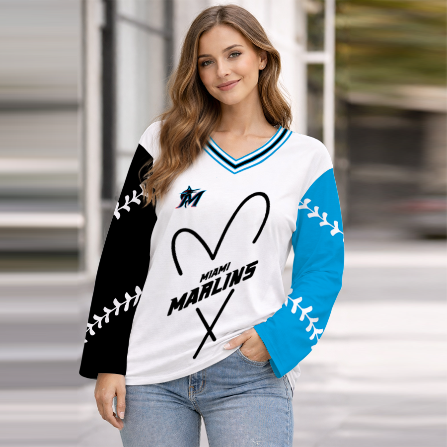 LIMITED EDITION - NEW CUSTOMIZED MLB20 MMS MIAMI MARLINS WOMEN'S HEART V-NECK LONG SLEEVE SHIRT