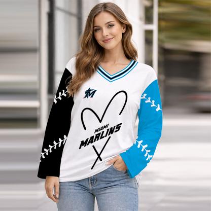 LIMITED EDITION - NEW CUSTOMIZED MLB20 MMS MIAMI MARLINS WOMEN'S HEART V-NECK LONG SLEEVE SHIRT