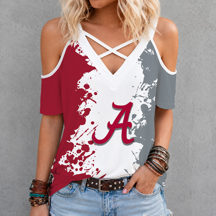 [FAN FAVORITE] NEW CUSTOMIZED NCAA CWS21 ABC ALABAMA CRIMSON TIDE CRISS CROSS V-NECK TOP