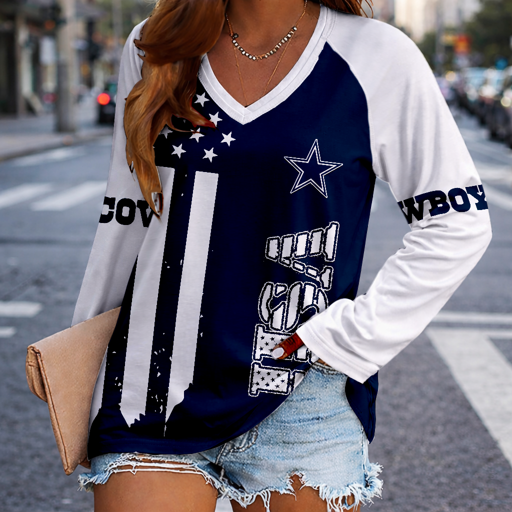 LIMITED EDITION - NEW CUSTOMIZED NFL21 DCB DALLAS COWBOYS WOMEN'S V-NECK LONG SLEEVED SHIRT