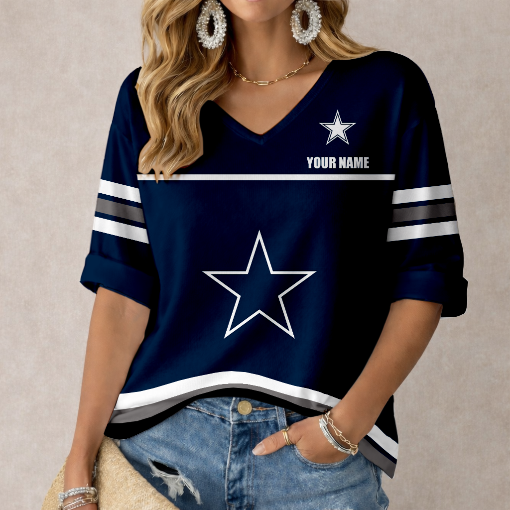 LIMITED EDITION - NEW CUSTOMIZED NFL21 DCB DALLAS COWBOYS WOMEN'S V-NECK MID-SLEEVE SHIRT