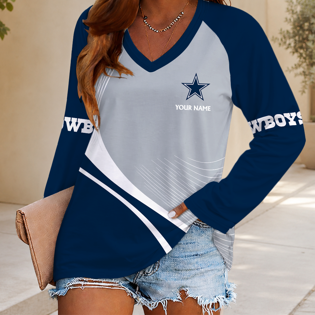 LIMITED EDITION - NEW CUSTOMIZED NFL21 DCB DALLAS COWBOYS WOMEN'S V-NECK LONG SLEEVED SHIRT