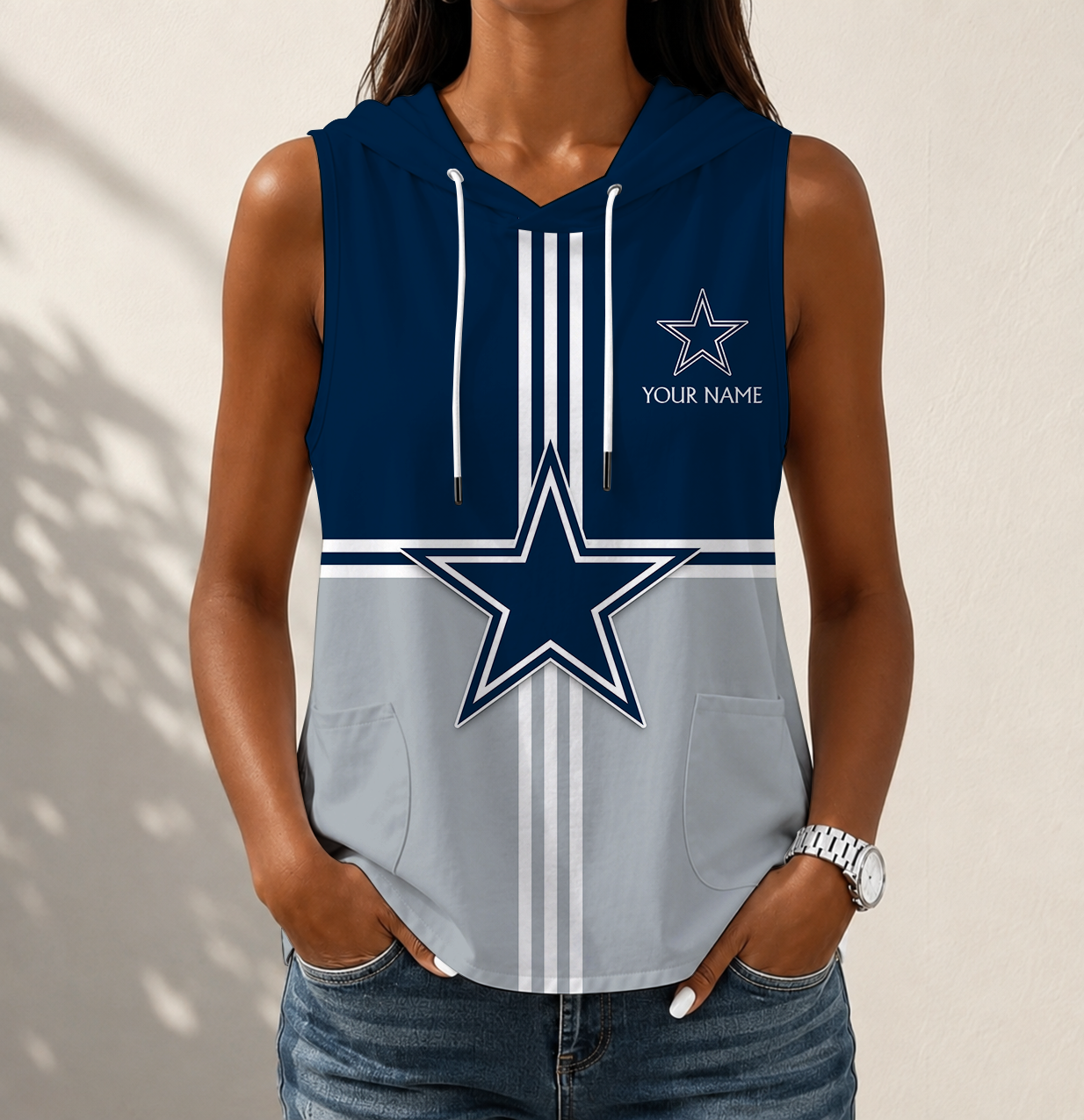 LIMITED EDITION - NEW CUSTOMIZED NFL21 DCB DALLAS COWBOYS WOMEN'S SLEEVELESS HOODED POCKET TANK TOP