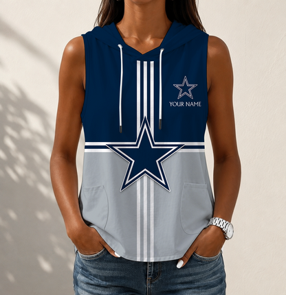 LIMITED EDITION - NEW CUSTOMIZED NFL21 DCB DALLAS COWBOYS WOMEN'S SLEEVELESS HOODED POCKET TANK TOP
