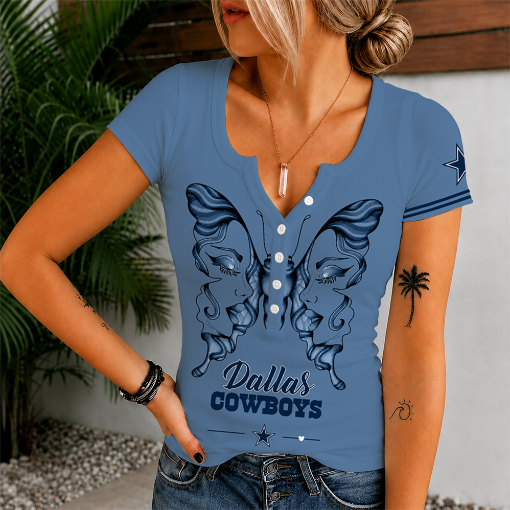 [SPECIAL OFFER] NEW CUSTOMIZED NFL21 DCB DALLAS COWBOYS WOMEN'S SHORT SLEEVE HENLEY T-SHIRT