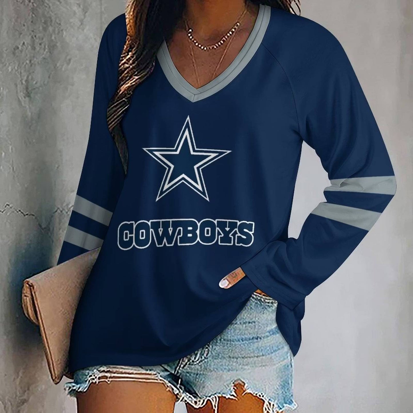 LIMITED EDITION - NEW CUSTOMIZED NFL21 DCB DALLAS COWBOYS WOMEN'S V-NECK LONG SLEEVED SHIRT