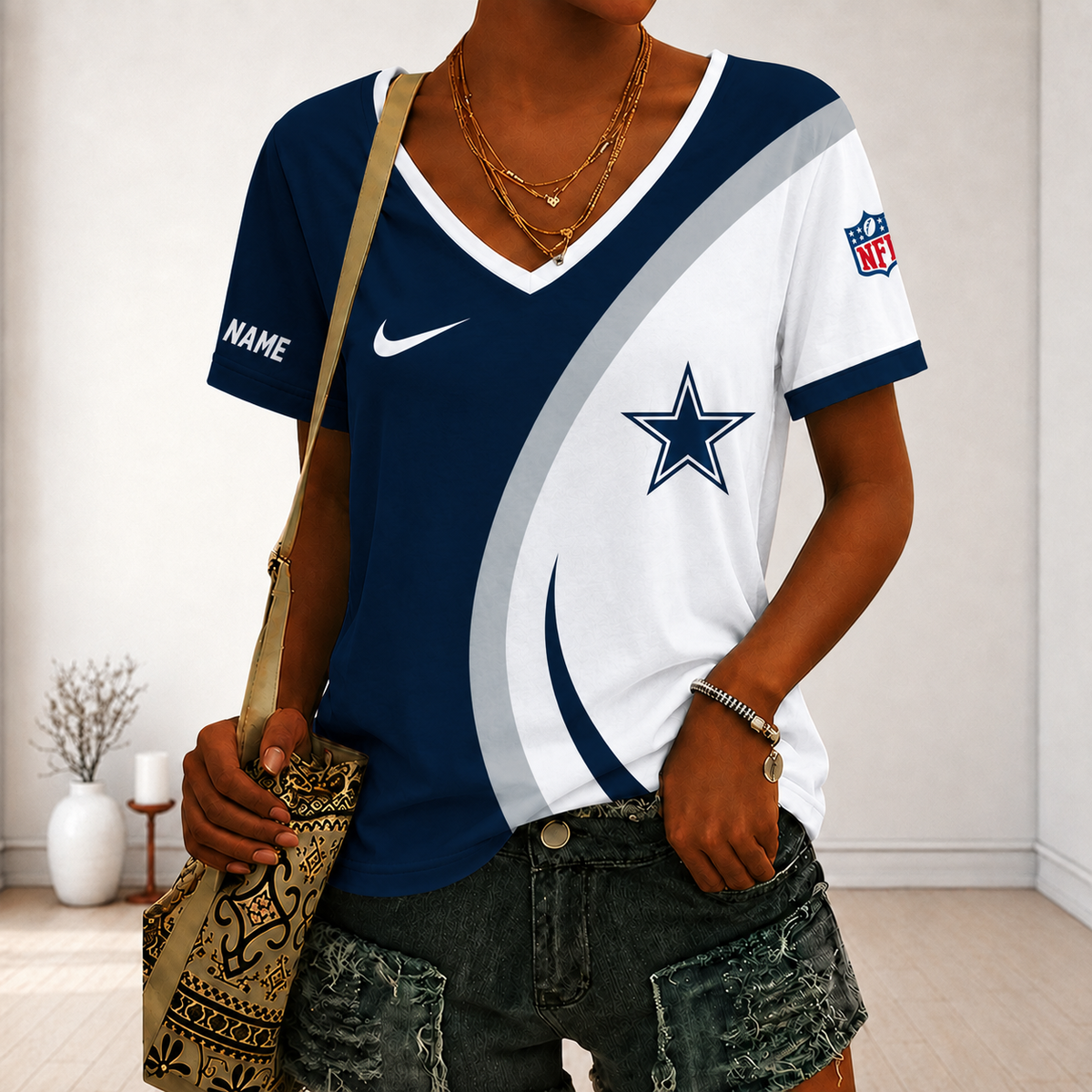 LIMITED EDITION - NEW CUSTOMIZED NFL21 DCB DALLAS COWBOYS V-NECK FEMALE SHIRT