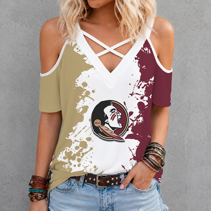 [FAN FAVORITE] NEW CUSTOMIZED NCAA FBS21 FLS FLORIDA STATE SEMINOLES CRISS CROSS V-NECK TOP
