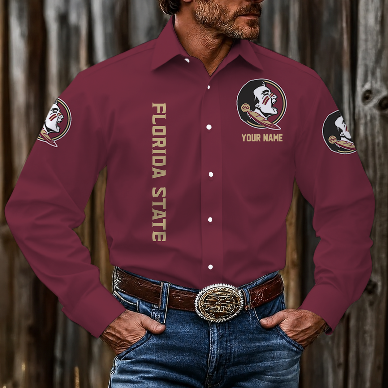 LIMITED EDITION - NEW CUSTOMIZED NCAA FBS21 FLS FLORIDA STATE SEMINOLES MEN'S LONG SLEEVE BUTTON-UP SHIRT