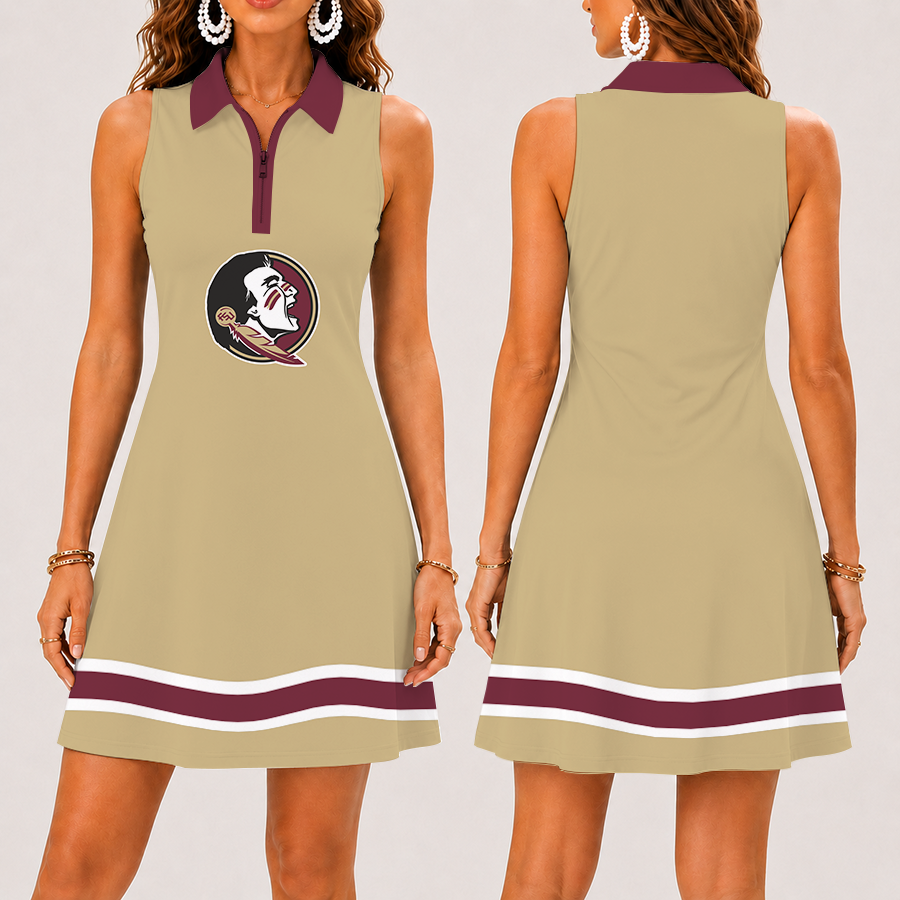 [FAN FAVORITE] NEW CUSTOMIZED NCAA FBS21 FLS FLORIDA STATE SEMINOLES WOMEN'S ZIP SLEEVELESS POLO DRESS
