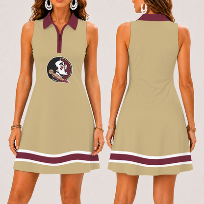 [FAN FAVORITE] NEW CUSTOMIZED NCAA FBS21 FLS FLORIDA STATE SEMINOLES WOMEN'S ZIP SLEEVELESS POLO DRESS