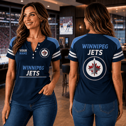 SPECIAL EDITION - NEW CUSTOMIZED NHL21 WPJ WINNIPEG JETS WOMEN'S SHORT SLEEVE HENLEY T-SHIRT