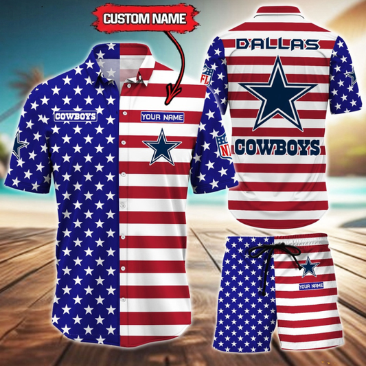 ELITE EDITION  - NEW CUSTOMIZED NFL21 DCB DALLAS COWBOYS UNISEX INDEPENDENCE DAY HAWAIIAN SHIRT & SHORTS SET
