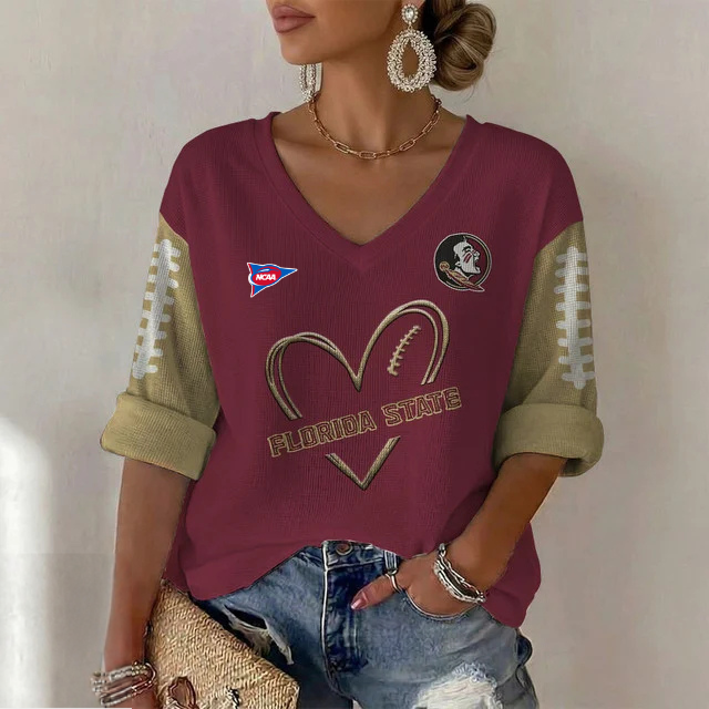 ELITE EDITION - NEW CUSTOMIZED NCAA FBS21 FLS FLORIDA STATE SEMINOLES WOMEN'S HEART V-NECK LONG SLEEVE SHIRT