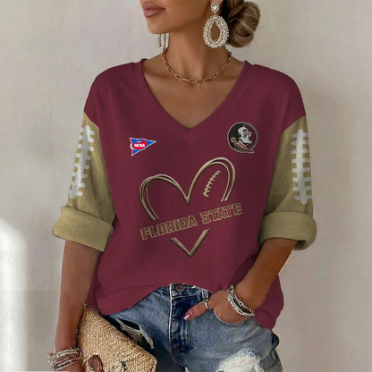 ELITE EDITION - NEW CUSTOMIZED NCAA FBS21 FLS FLORIDA STATE SEMINOLES WOMEN'S HEART V-NECK LONG SLEEVE SHIRT