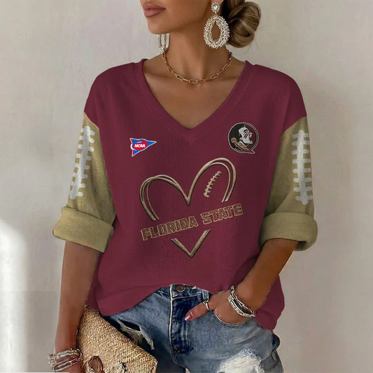 ELITE EDITION - NEW CUSTOMIZED NCAA FBS21 FLS FLORIDA STATE SEMINOLES WOMEN'S HEART V-NECK LONG SLEEVE SHIRT