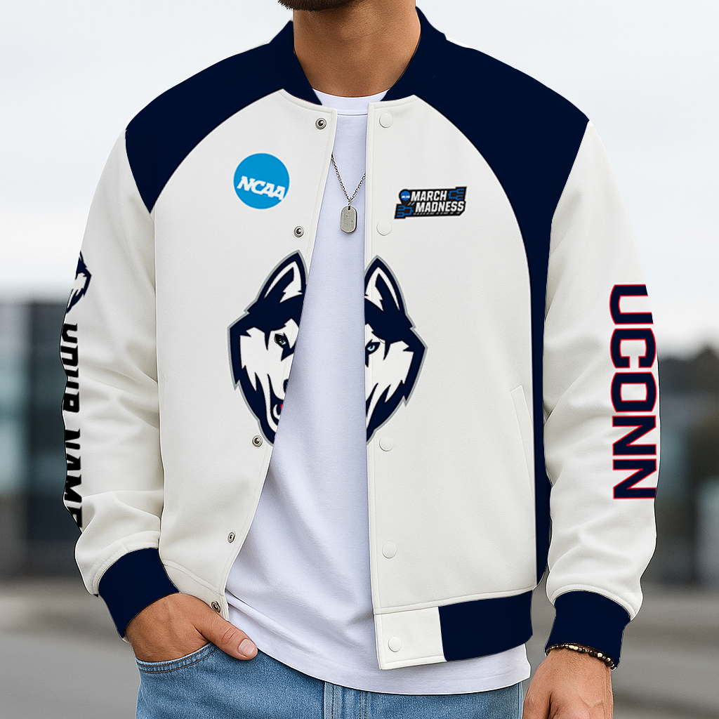 LIMITED EDITION - NEW CUSTOMIZED NCAA MAM21 UCH UCONN HUSKIES BASEBALL JACKET, SATIN VARSITY JACKET