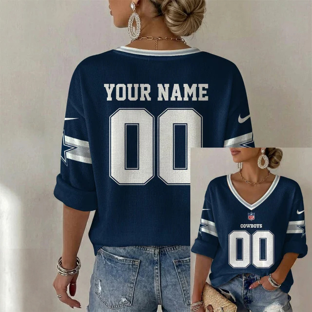 ELITE EDITION - NEW CUSTOMIZED NFL21 DCB DALLAS COWBOYS WOMEN'S HEART V-NECK LONG SLEEVE SHIRT