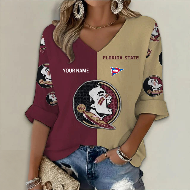 ELITE EDITION - NEW CUSTOMIZED NCAA FBS21 FLS FLORIDA STATE SEMINOLES WOMEN'S HEART V-NECK LONG SLEEVE SHIRT
