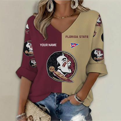 ELITE EDITION - NEW CUSTOMIZED NCAA FBS21 FLS FLORIDA STATE SEMINOLES WOMEN'S HEART V-NECK LONG SLEEVE SHIRT