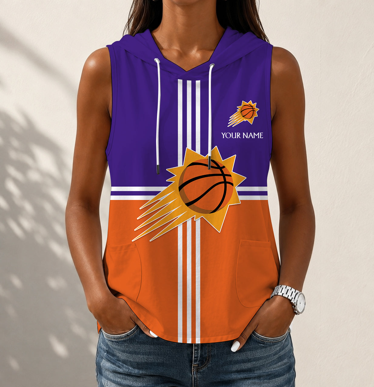 LIMITED EDITION - NEW CUSTOMIZED NBA21 PSU PHOENIX SUNS WOMEN'S SLEEVELESS HOODED POCKET TANK TOP