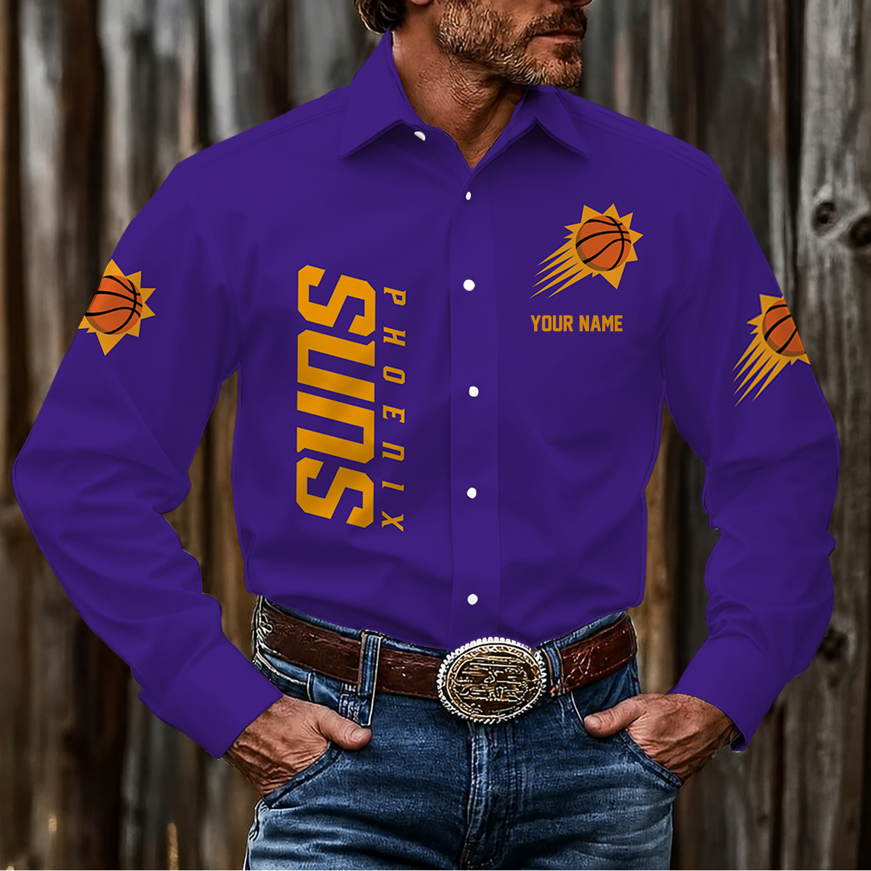 LIMITED EDITION - NEW CUSTOMIZED NBA21 PSU PHOENIX SUNS MEN'S LONG SLEEVE BUTTON-UP SHIRT