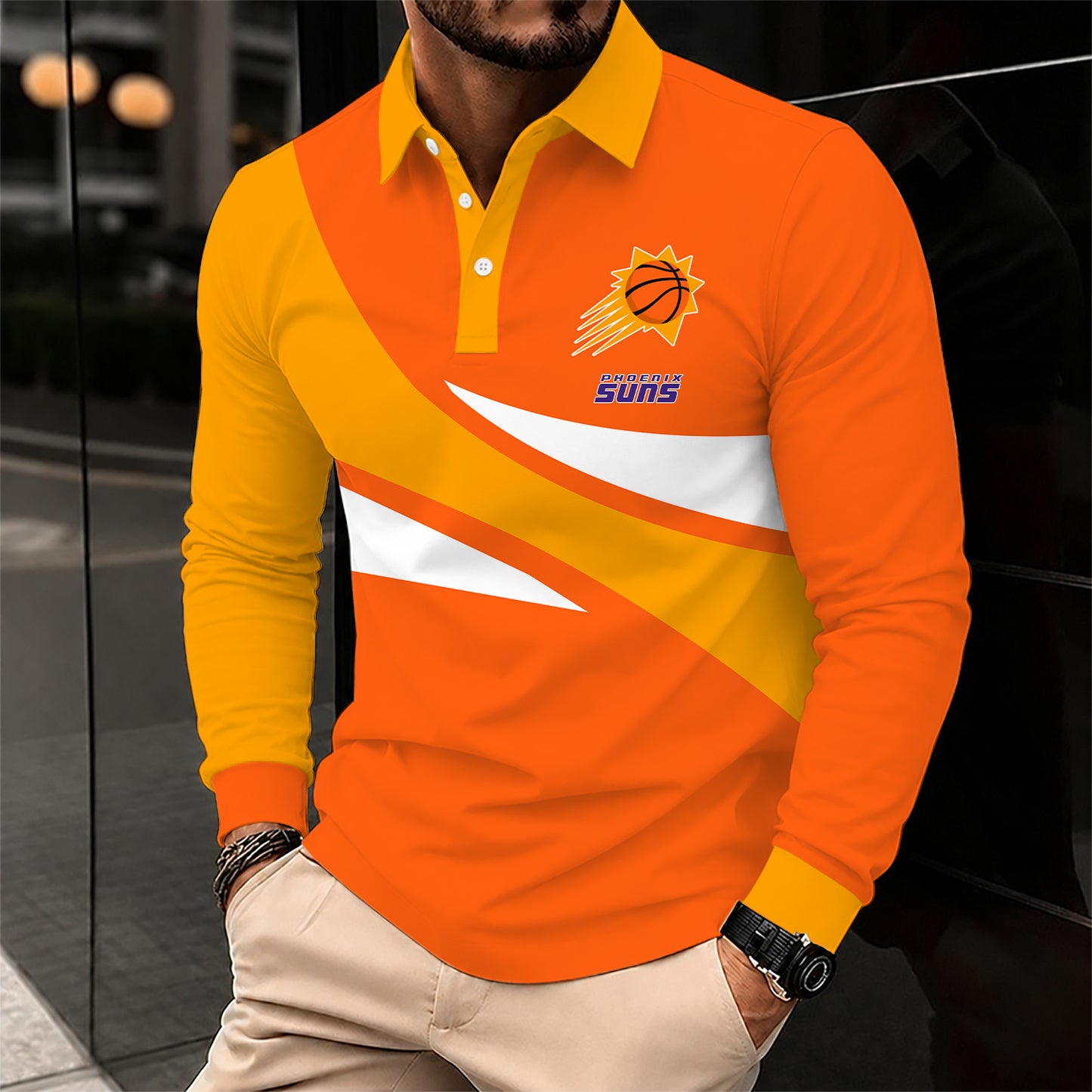 [HOT DEAL] NEW CUSTOMIZED NBA21 PSU PHOENIX SUNS MEN LONG SLEEVE POLO