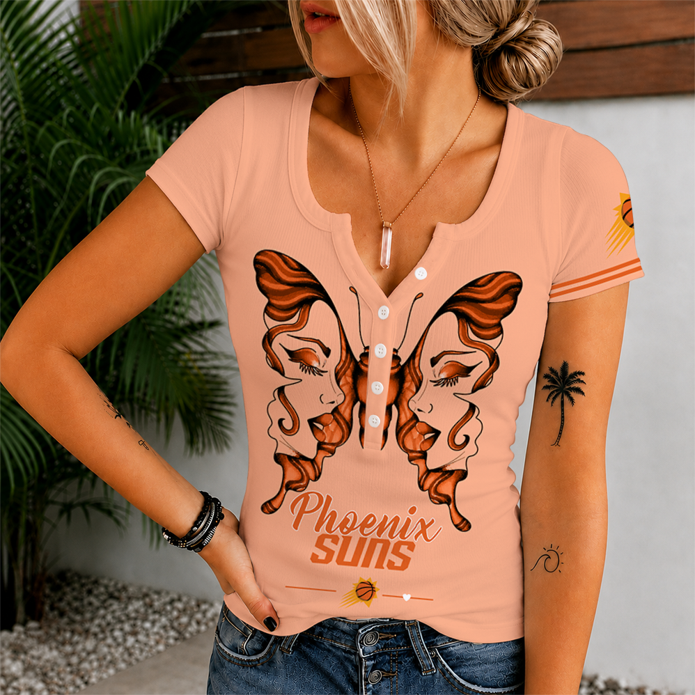 [HOT DEAL] NEW CUSTOMIZED NBA21 PSU PHOENIX SUNS  WOMEN'S SHORT SLEEVE HENLEY T-SHIRT