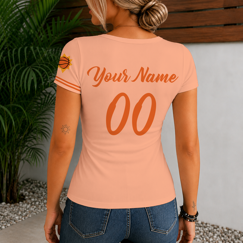 [HOT DEAL] NEW CUSTOMIZED NBA21 PSU PHOENIX SUNS  WOMEN'S SHORT SLEEVE HENLEY T-SHIRT