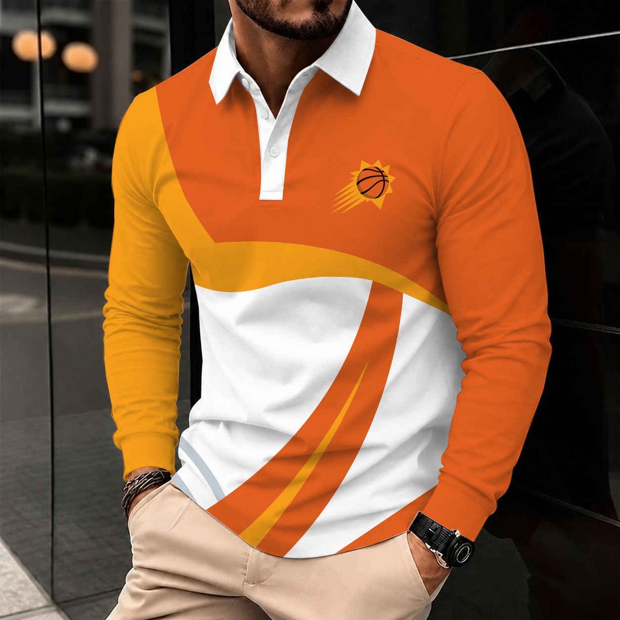 [HOT DEAL] NEW CUSTOMIZED NBA21 PSU PHOENIX SUNS MEN LONG SLEEVE POLO