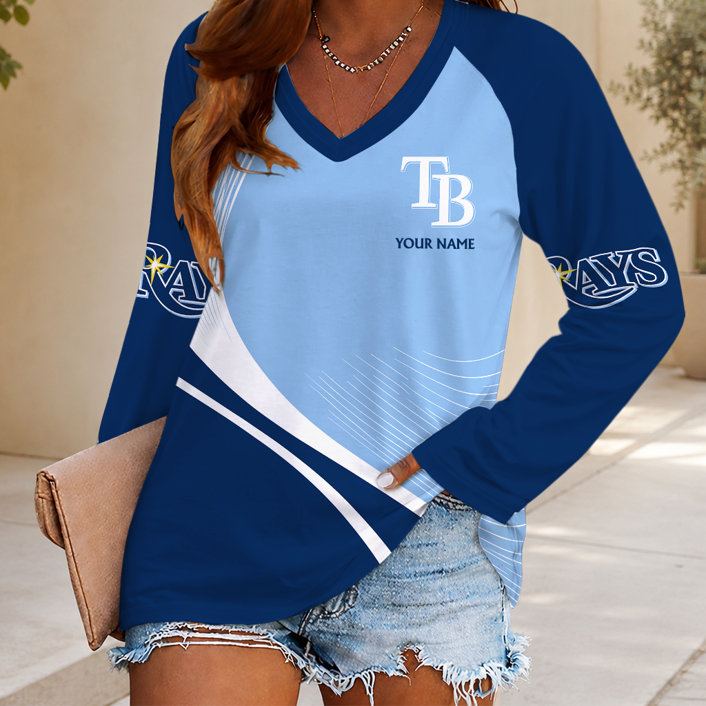 LIMITED EDITION - NEW CUSTOMIZED MLB21 TBR TAMPA BAY RAYS WOMEN'S V-NECK LONG SLEEVED SHIRT