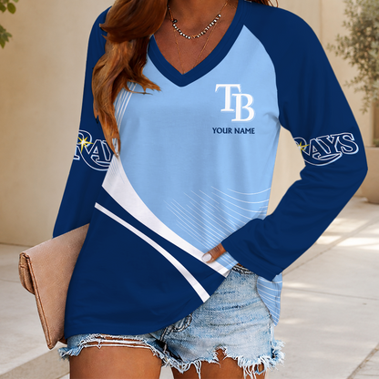 LIMITED EDITION - NEW CUSTOMIZED MLB21 TBR TAMPA BAY RAYS WOMEN'S V-NECK LONG SLEEVED SHIRT