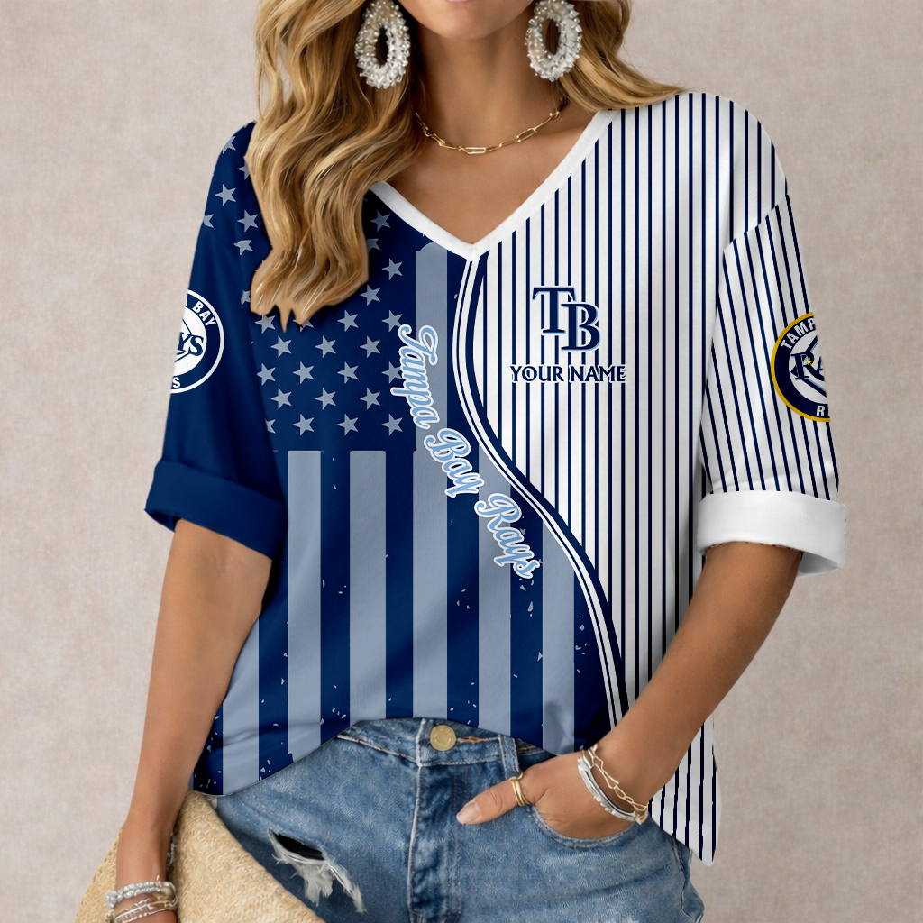 ELITE EDITION - NEW CUSTOMIZED MLB21 TBR TAMPA BAY RAYS WOMEN'S HEART V-NECK LONG SLEEVE SHIRT