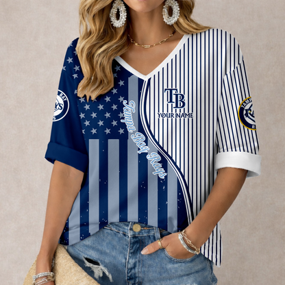 ELITE EDITION - NEW CUSTOMIZED MLB21 TBR TAMPA BAY RAYS WOMEN'S HEART V-NECK LONG SLEEVE SHIRT