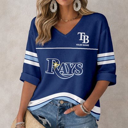 LIMITED EDITION - NEW CUSTOMIZED MLB21 TBR TAMPA BAY RAYS WOMEN'S HEART V-NECK LONG SLEEVE SHIRT