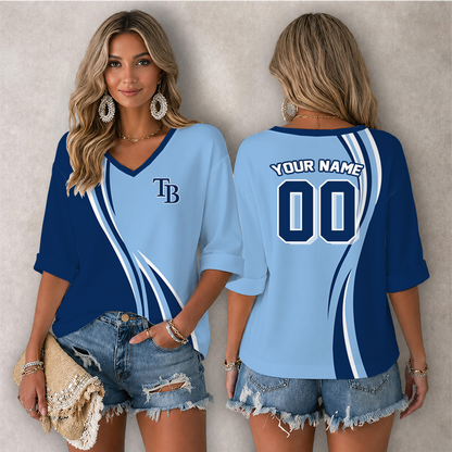 LIMITED EDITION - NEW CUSTOMIZED MLB21 TBR TAMPA BAY RAYS WOMEN'S HEART V-NECK LONG SLEEVE SHIRT