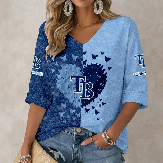 LIMITED EDITION - NEW CUSTOMIZED MLB21 TBR TAMPA BAY RAYS WOMEN'S HEART V-NECK LONG SLEEVE SHIRT