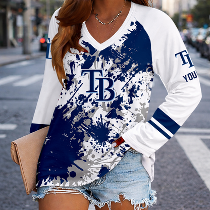 [FLASH SALE] NEW CUSTOMIZED MLB21 TBR TAMPA BAY RAYS WOMEN'S V-NECK LONG SLEEVED SHIRT