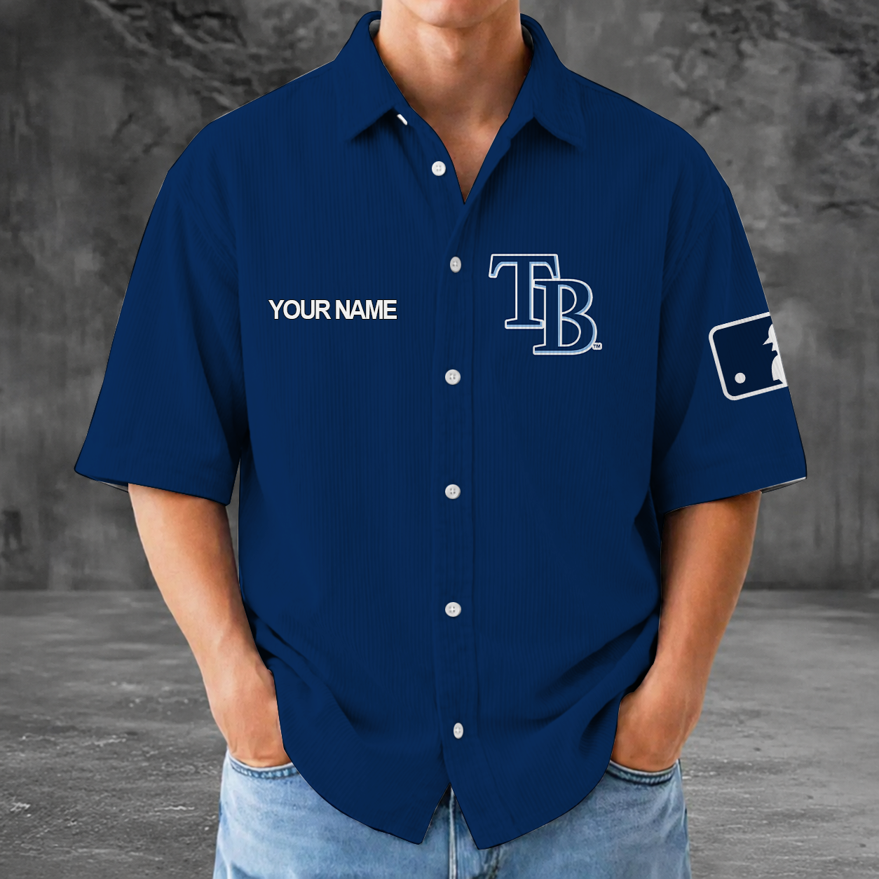 [FLASH SALE] NEW CUSTOMIZED MLB21 TBR TAMPA BAY RAYS SEERSUCKER BUTTON SHIRT