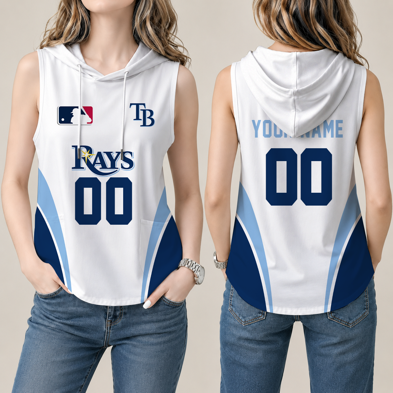 [FLASH SALE] NEW CUSTOMIZED MLB21 TBR TAMPA BAY RAYS WOMEN'S SLEEVELESS HOODED POCKET TANK TOP