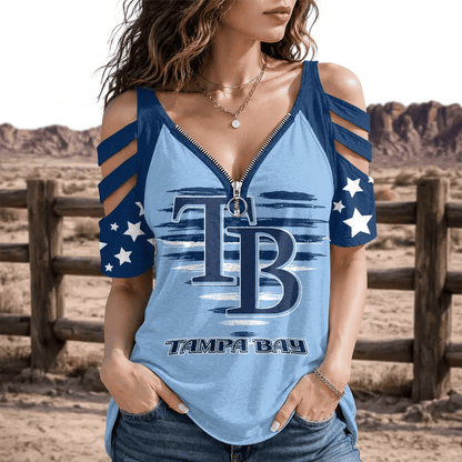 [FLASH SALE] NEW CUSTOMIZED MLB21 TBR TAMPA BAY RAYS STRAPPY COLD-SHOULDER TOP