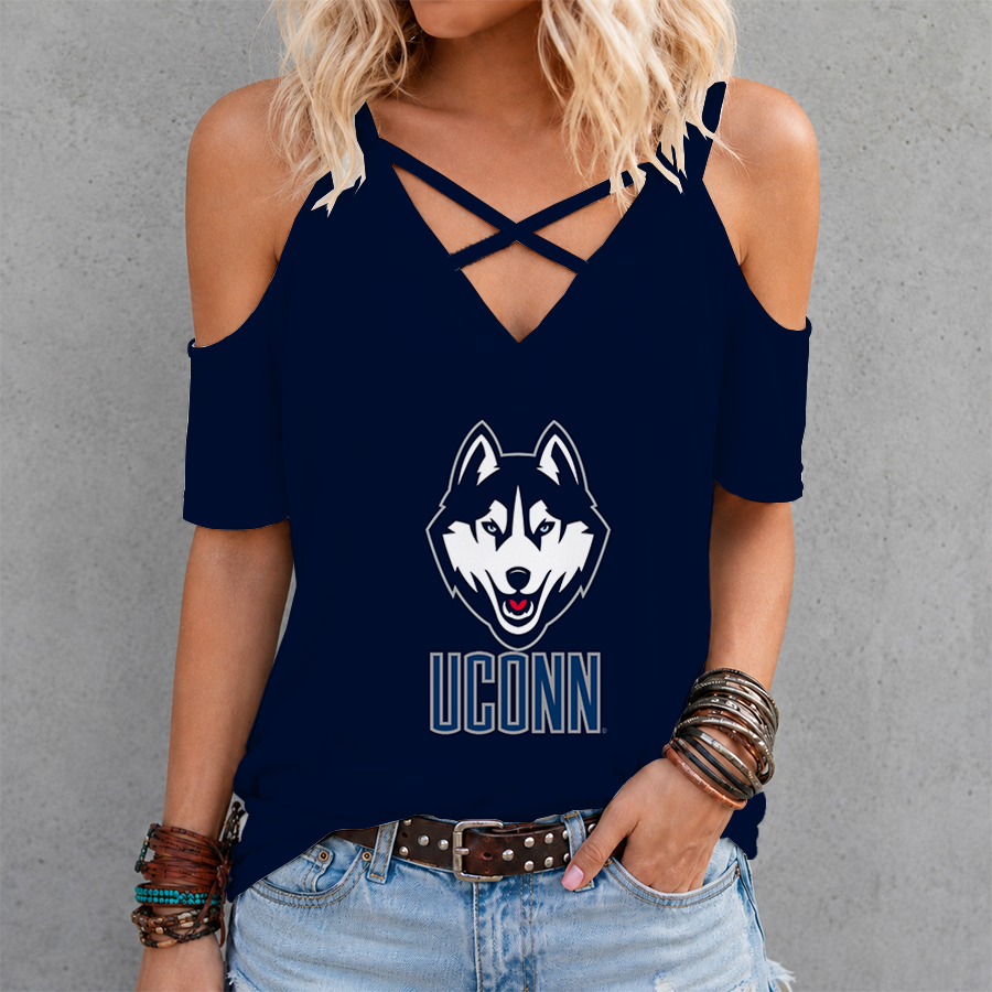 [FAN FAVORITE] NEW CUSTOMIZED NCAA MAM21 UCH UCONN HUSKIES CRISS CROSS V-NECK TOP
