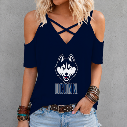 [FAN FAVORITE] NEW CUSTOMIZED NCAA MAM21 UCH UCONN HUSKIES CRISS CROSS V-NECK TOP