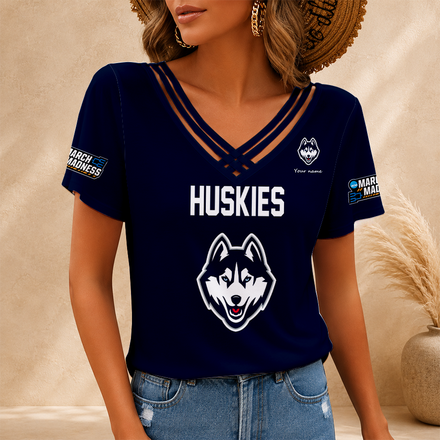 [FAN FAVORITE] NEW CUSTOMIZED NCAA MAM21 UCH UCONN HUSKIES V-NECK SHIRT